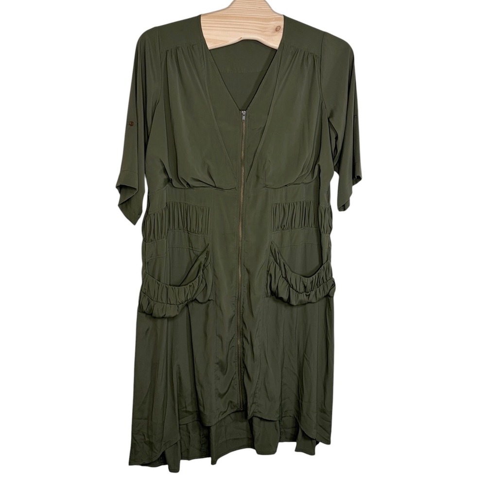 Denim 24/7 Zip Front Dress 24W Olive Green Utility Cargo Pockets Elastic Waist
